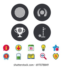 Golf ball icons. Laurel wreath winner award cup sign. Luxury sport symbol. Calendar, Information and Download signs. Stars, Award and Book icons. Light bulb, Shield and Search. Vector