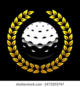 Pelota de golf y corona de laurel. Logo de los juegos deportivos. Equipo deportivo. Emblema, placa.