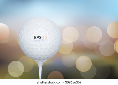 Golf ball with lights blurred bokeh background. Vector illustration.