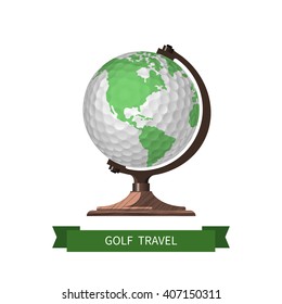 Golf ball like earth globe sphere for golf traveling. Vector isolated illustration