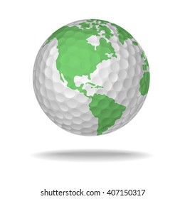 Golf ball like earth globe sphere for golf traveling. Vector isolated illustration