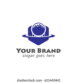 golf ball logo with hexagonal shape and swoosh icon
