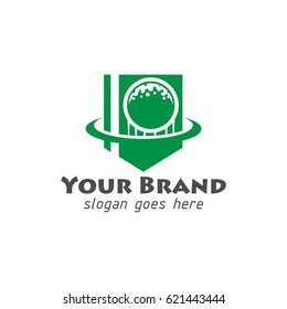 golf ball logo with shield shape and swoosh
