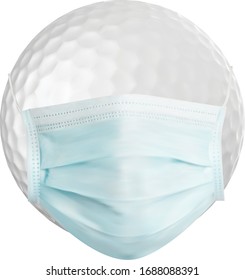 Golf ball in mask. Corona virus protection. Isolated on white background.