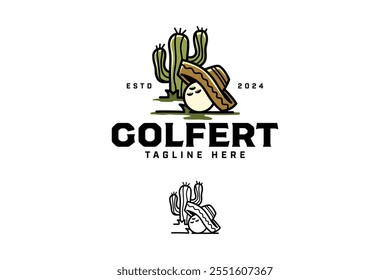 Pelota de golf con sombrero mexicano, diseño de logotipo de ilustración de cactus del desierto. sombrero de vaquero del desgaste de la pelota de golf con el cactus, diseño del logotipo del fondo del desierto fijado para el golfista, el deporte del club de golf y el torneo