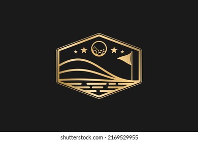Golf ball moon logo design golf flag stars element hexagon shape badge luxury gold 