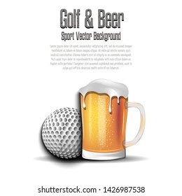 Golf ball with mug of beer. Pattern for banner, poster, greeting card, party invitation, signboard, menu pub. Vector illustration