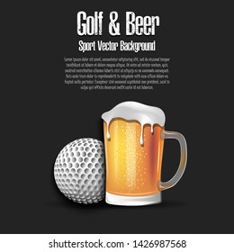 Golf ball with mug of beer. Pattern for banner, poster, greeting card, party invitation, signboard, menu pub. Vector illustration
