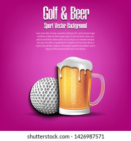 Golf ball with mug of beer. Pattern for banner, poster, greeting card, party invitation, signboard, menu pub. Vector illustration