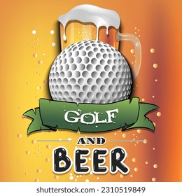 Balón de golf con jarra de cerveza. Patrón de banner, afiche, tarjeta de saludo, invitación a fiesta, cartel, pub de menú. Ilustración del vector