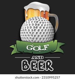 Golf ball with mug of beer. Pattern for banner, poster, greeting card, party invitation, signboard, menu pub. Vector illustration