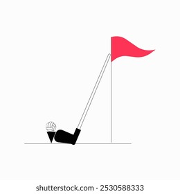 Pelota de golf cerca del agujero con la bandera en la Ilustración vectorial plana que simboliza exactitud, éxito, y competición deportiva, aislada en el fondo blanco.