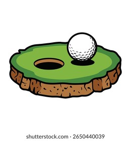 Golf Ball Near Hole on Floating Grass Patch Cartoon