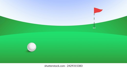 Pelota de golf cerca del agujero con una bandera de triángulo rojo en un campo verde exuberante sobre un fondo de cielo azul, ilustración vectorial.