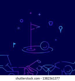 Golf Ball Near Hole Vector Line Illustration. Golf Club, Country Club Gradient Icon, Symbol or Pictogram, Sign. Dark Blue Background. Related Bottom Border.