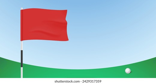 Golf ball near the red flag on a lush green course on a blue sky background, vector illustration.
