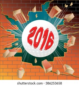 Golf Ball With New Year 2016 Breaking Through Brick Wall