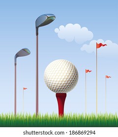 Golf ball on the background of blue sky. Editable vector illustration.