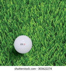 Golf ball on course with green grass background. Realistic vector illustration.