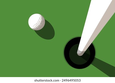 Golf ball on golf course near hole with flagstick, view from above, close up, vector