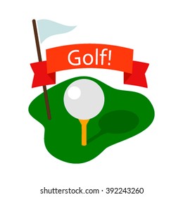 Golf ball on a glade with a flag. . Flat vector illustration isolate on a white background. Icon Club