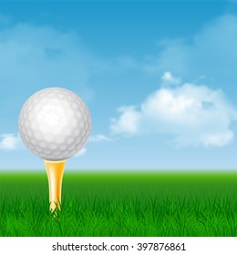 Golf Ball on Golden Tee and Green Grass at Sunny Day. Realistic Vector Illustration. 