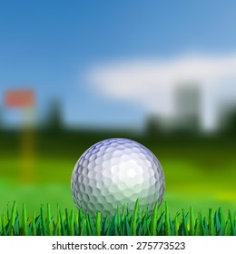 Golf ball on grass with blured fairway on background