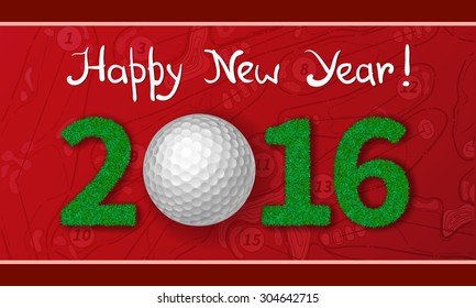 Golf ball on grass with numbers of new year 2016. Greeting card with golf course plan background