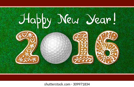 Golf ball on grass with numbers of gingerbread cookies of new year 2016. Greeting card with grass background