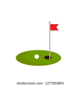 golf ball on green grass and hole with red flag. Isolated on white background. Flat vector illustration. Sport concept. Goal achievement sign.