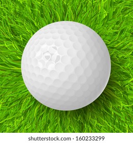 Golf ball on the green grass realistic vector illustration