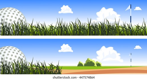 Golf ball on the green grass, close up. Two banners for website