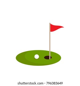 golf ball on green grass and hole with red flag. Isolated on white background. Flat vector illustration. Sport concept. Goal achievement sign.