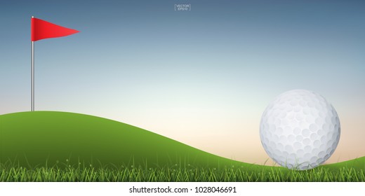 Golf ball on green hill of golf court with sunset sky background. Vector illustration.