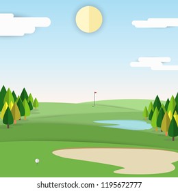 Golf ball on green hill of golf court with sunset sky background. Vector illustration.