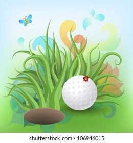 Golf ball on lip of cup of lovely beautiful golf course. Vector background