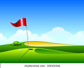 Golf ball on lip near bunker of lovely beautiful golf course with flag. EPS 10.