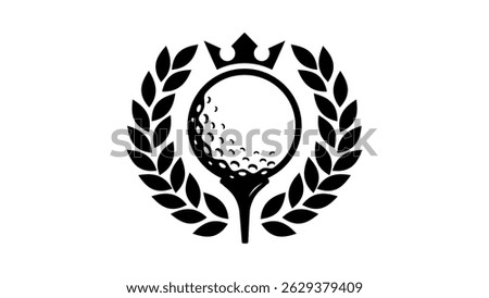 Golf ball on peg with wreath and crown, black isolated silhouette
