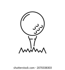 Golf ball on putter isolated thin line icon. Vector tee for teeing off in grass, sport equipment. Vector golfing hobby symbol, golfball on putter. Portugal golf tournament competition sign