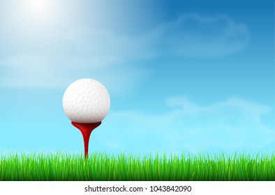 Golf ball on red tee, green grass and blue sky with clouds - vector illustration