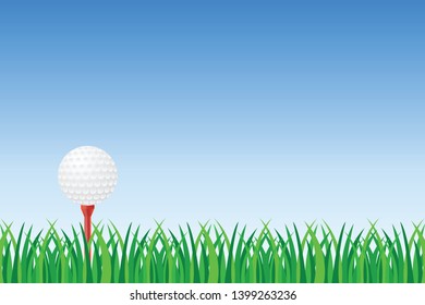 Golf ball on red tee on green grass vector illustration 