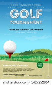 Golf ball on red tee, green grass and blue sky with clouds - template for your golf poster. Vector illustration.