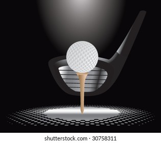 golf ball on tee with club in the spotlight