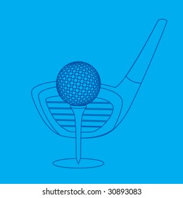 Golf Ball On Tee With Club On Blueprint