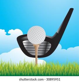 golf ball on tee with club on fairway