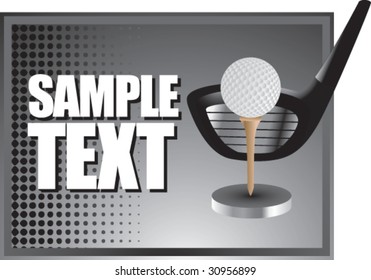 golf ball on tee with club on gray horizontal halftone banner