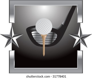 golf ball on tee with golf club on silver star background