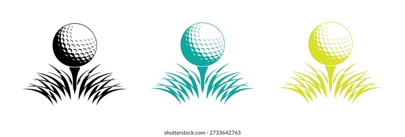 Golf ball on tee in grass  graphic. Golf ball on tee vector illustrations in different colors. golf ball tee icon vector illustration. Golf Ball Icon Vector Design.