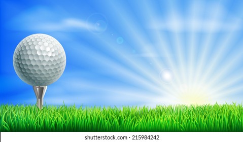 A golf ball on its tee in a green grass field golf course with sun rising.