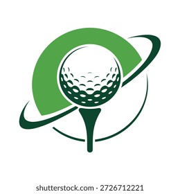 Golf ball on tee with green curved swoosh design element sports logo icon
